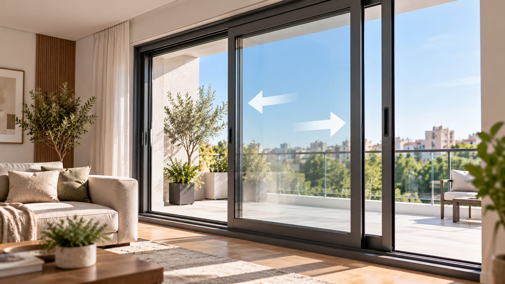 Ventana corredera de aluminio en una estancia con poco espacio